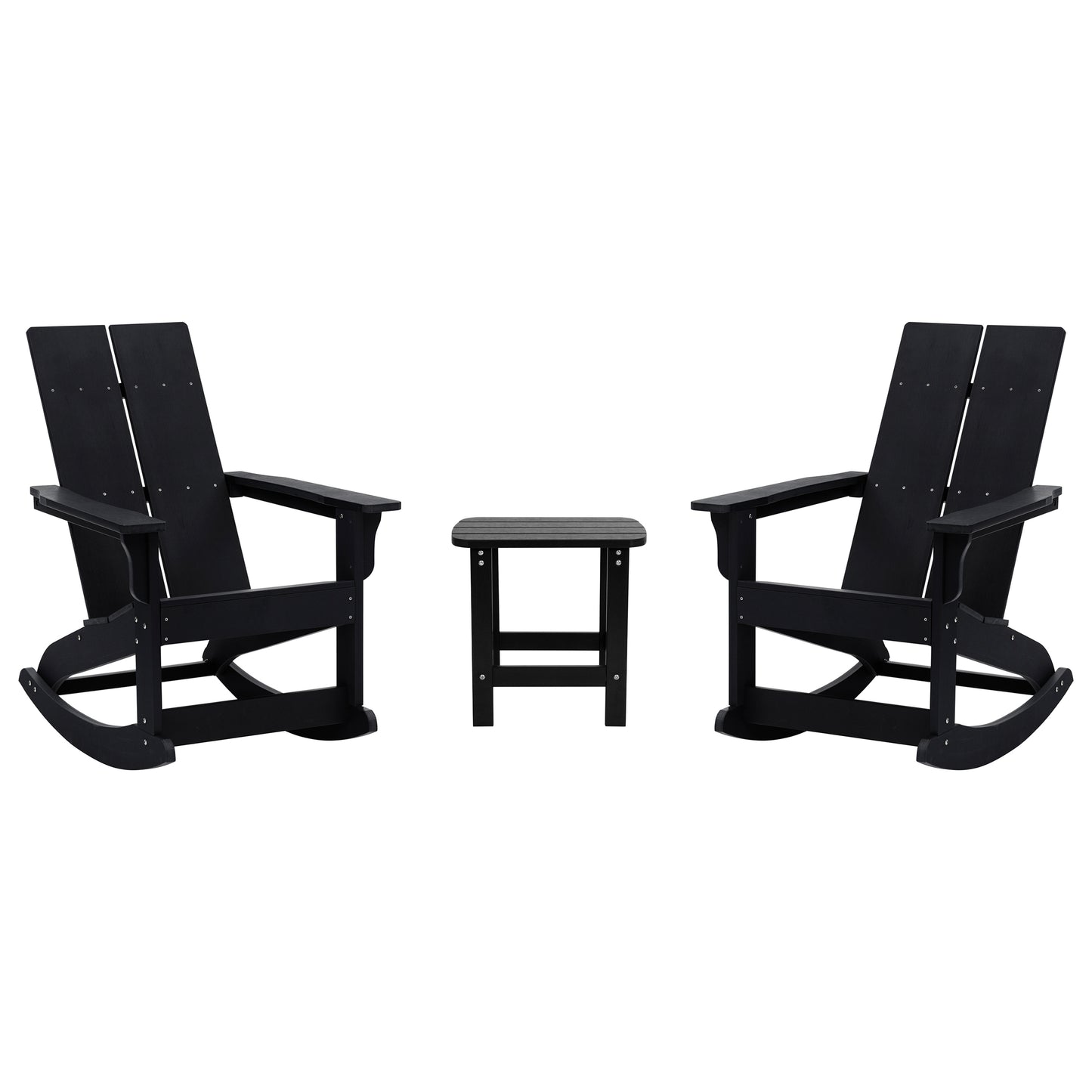 Set of 2 Black Finn Modern Commercial Grade All-Weather 2-Slat Poly Resin Rocking Adirondack Chairs with Matching Side Table Black