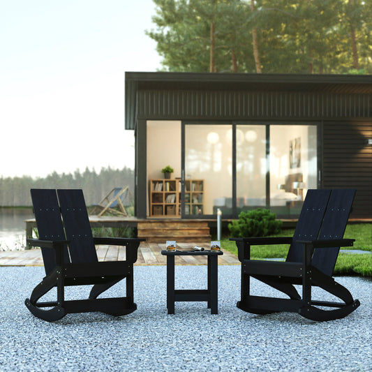 Set of 2 Black Finn Modern Commercial Grade All-Weather 2-Slat Poly Resin Rocking Adirondack Chairs with Matching Side Table Black