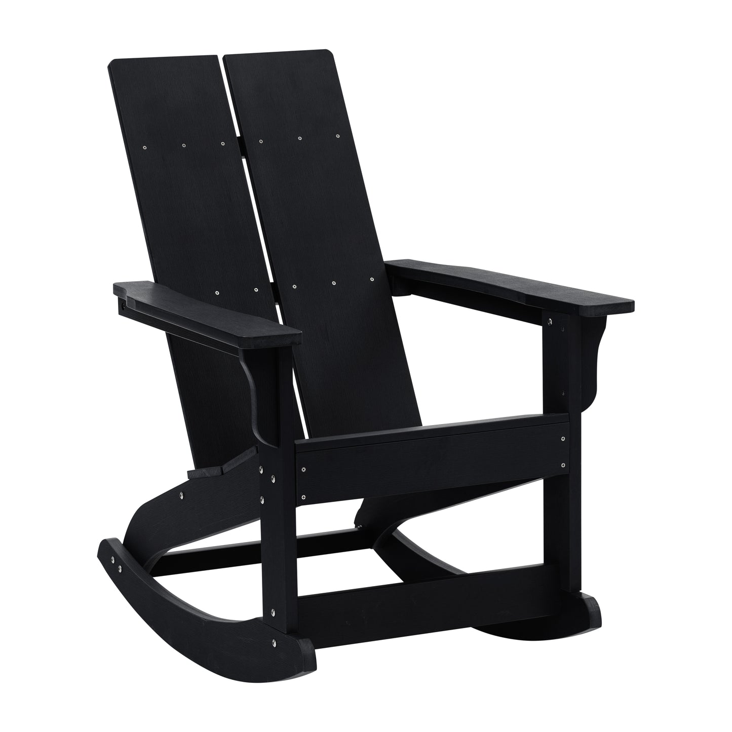 Set of 2 Black Finn Modern Commercial Grade All-Weather 2-Slat Poly Resin Rocking Adirondack Chairs with Matching Side Table Black