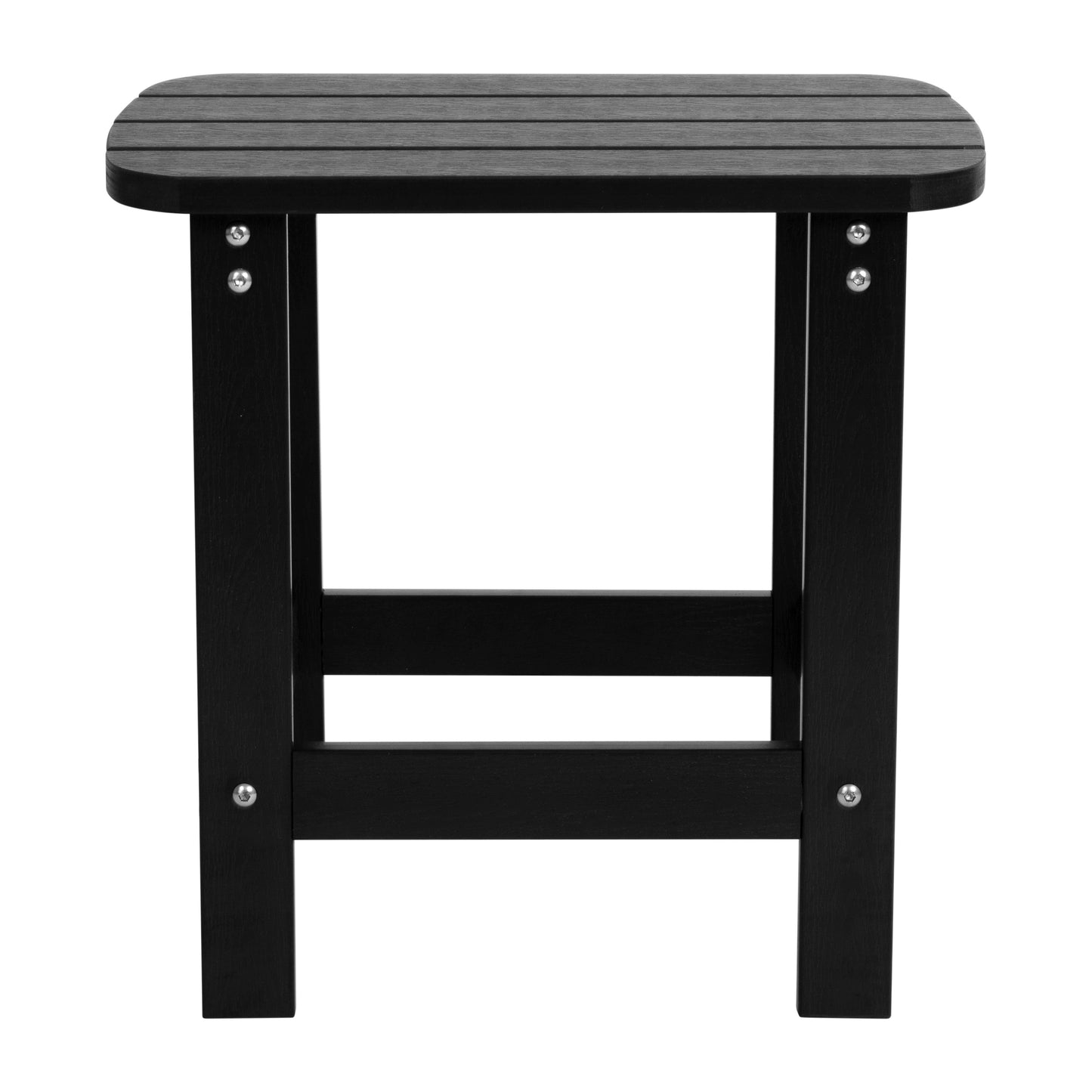 Set of 2 Black Finn Modern Commercial Grade All-Weather 2-Slat Poly Resin Rocking Adirondack Chairs with Matching Side Table Black