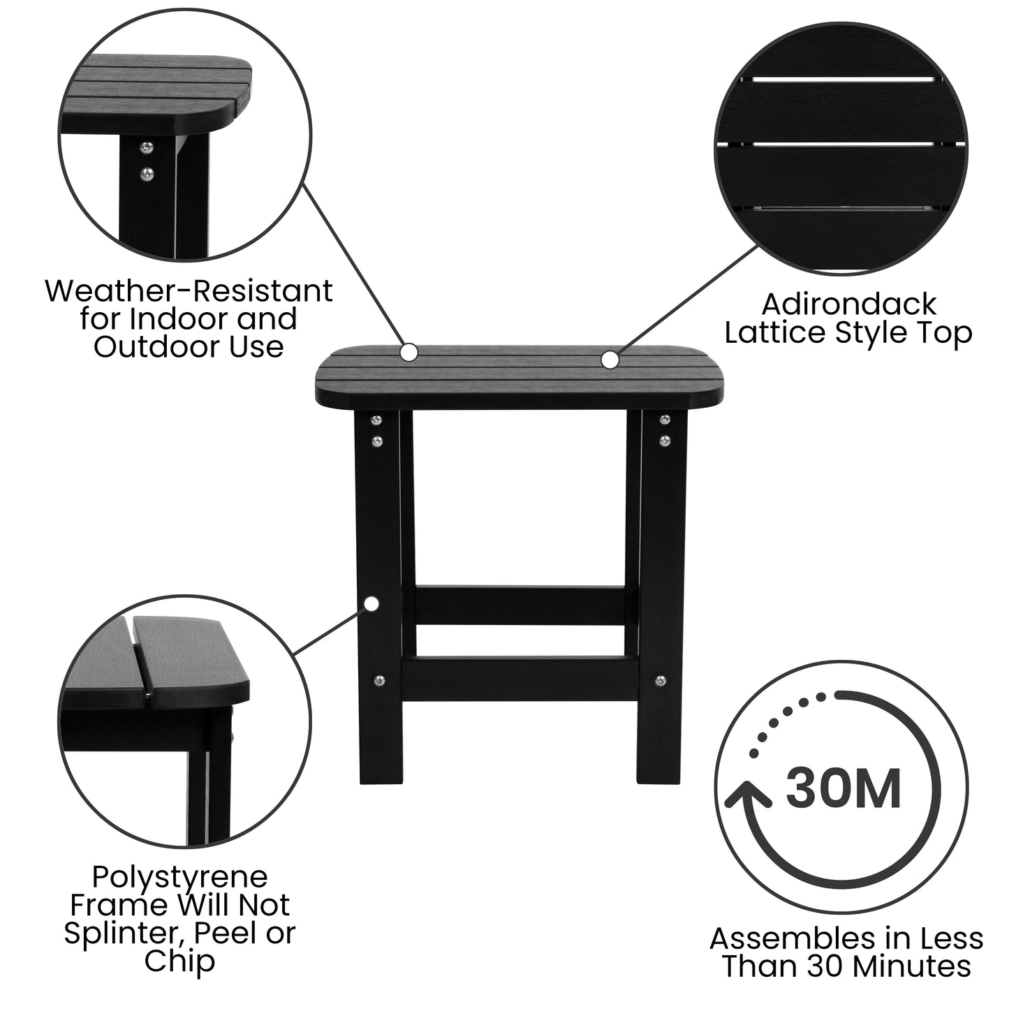 Set of 2 Black Finn Modern Commercial Grade All-Weather 2-Slat Poly Resin Rocking Adirondack Chairs with Matching Side Table Black