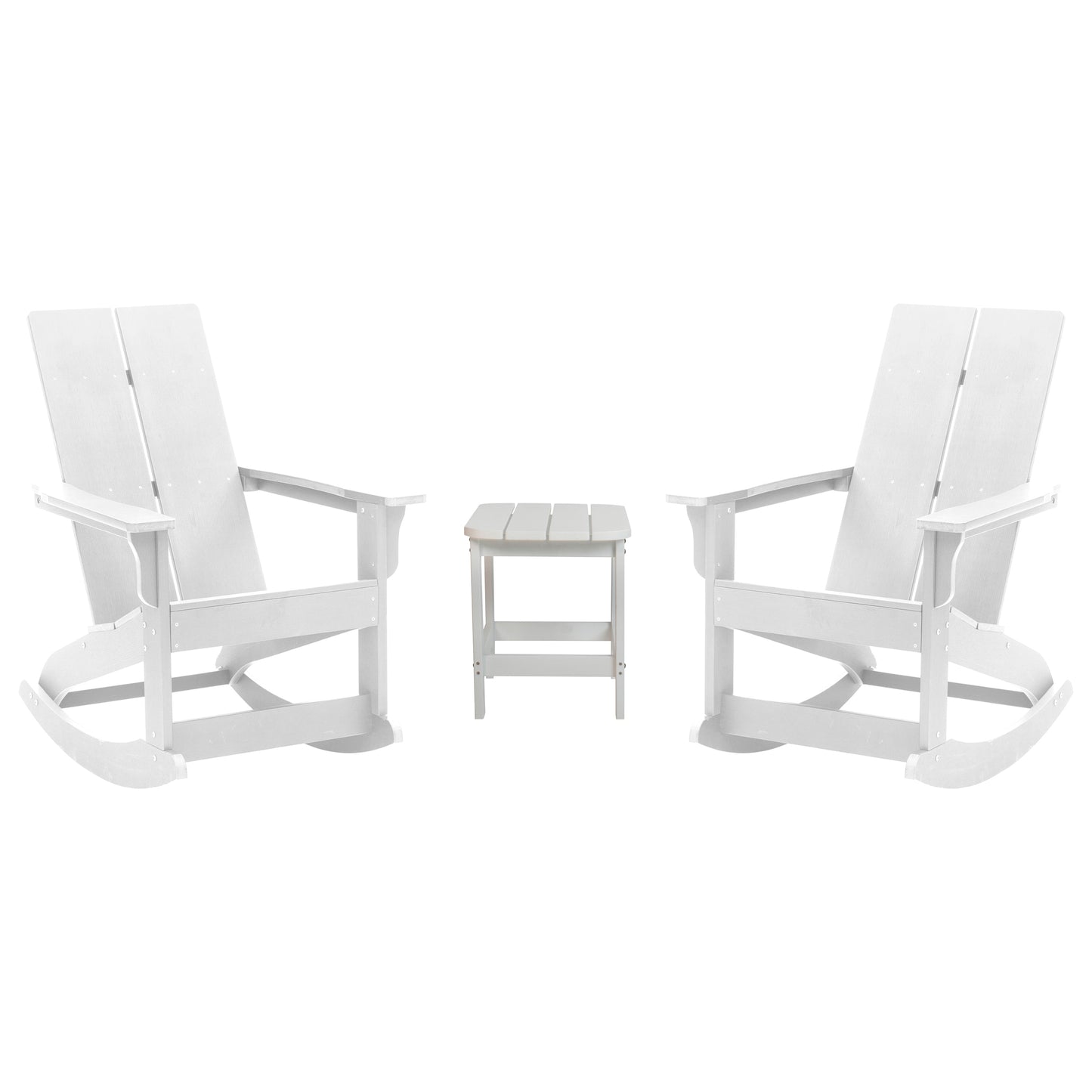 Set of 2 White Finn Modern Commercial Grade All-Weather 2-Slat Poly Resin Rocking Adirondack Chairs with Matching Side Table White