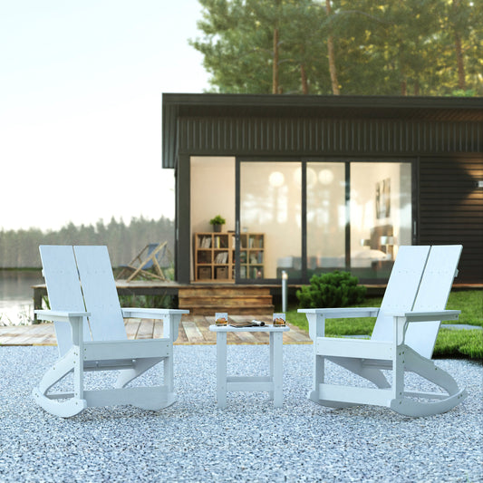Set of 2 White Finn Modern Commercial Grade All-Weather 2-Slat Poly Resin Rocking Adirondack Chairs with Matching Side Table White