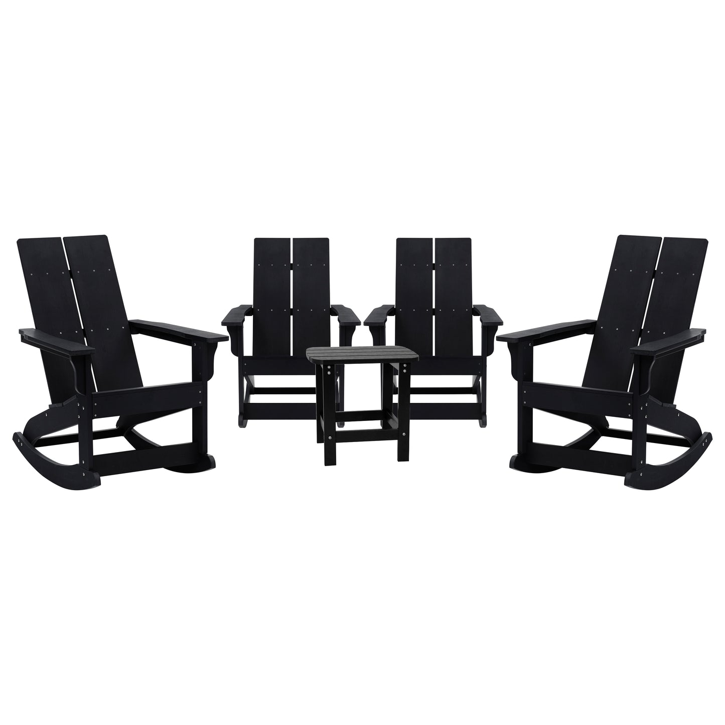 Set of 4 Black Finn Modern Commercial Grade All-Weather 2-Slat Poly Resin Rocking Adirondack Chairs with Matching Side Table Black