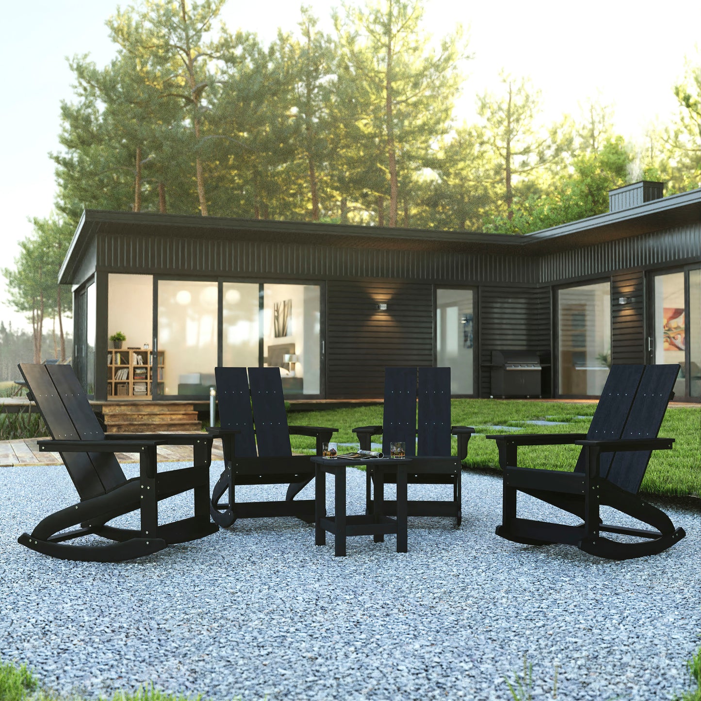 Set of 4 Black Finn Modern Commercial Grade All-Weather 2-Slat Poly Resin Rocking Adirondack Chairs with Matching Side Table Black