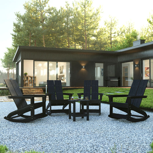 Set of 4 Black Finn Modern Commercial Grade All-Weather 2-Slat Poly Resin Rocking Adirondack Chairs with Matching Side Table Black