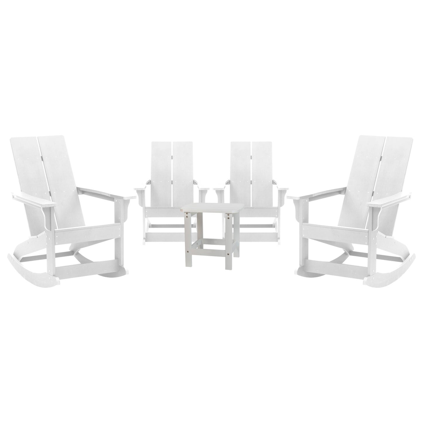 Set of 4 White Finn Modern Commercial Grade All-Weather 2-Slat Poly Resin Rocking Adirondack Chairs with Matching Side Table White
