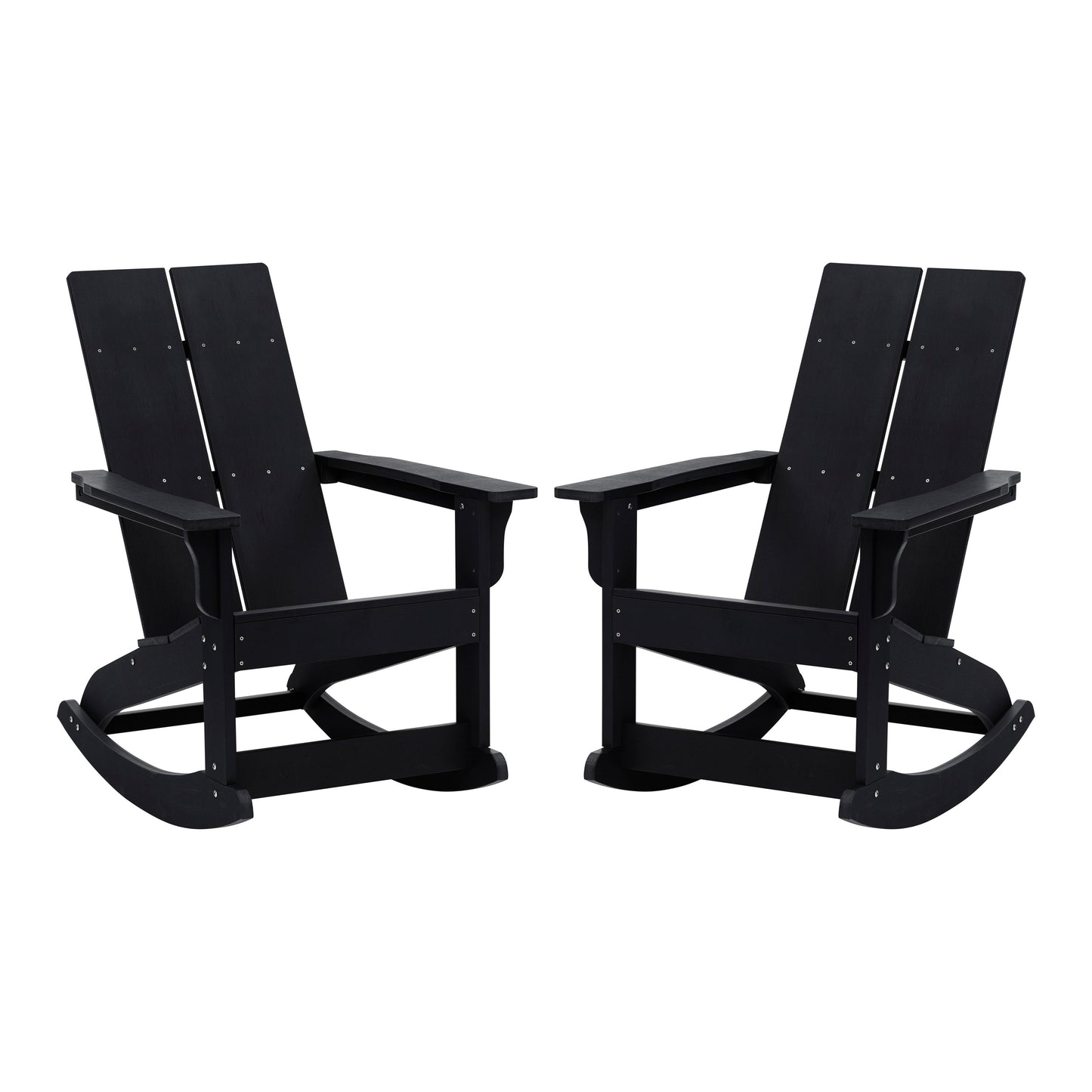 Finn Modern Commercial Grade All-Weather 2-Slat Poly Resin Rocking Adirondack Chair with Rust Resistant Stainless Steel Hardware in Black - Set of2 Black JJ-C14709-BK-2-GG