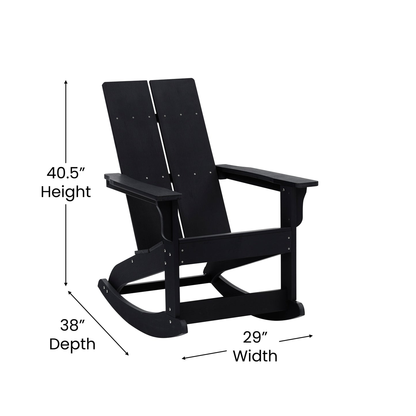 Finn Modern Commercial Grade All-Weather 2-Slat Poly Resin Rocking Adirondack Chair with Rust Resistant Stainless Steel Hardware in Black - Set of2 Black JJ-C14709-BK-2-GG