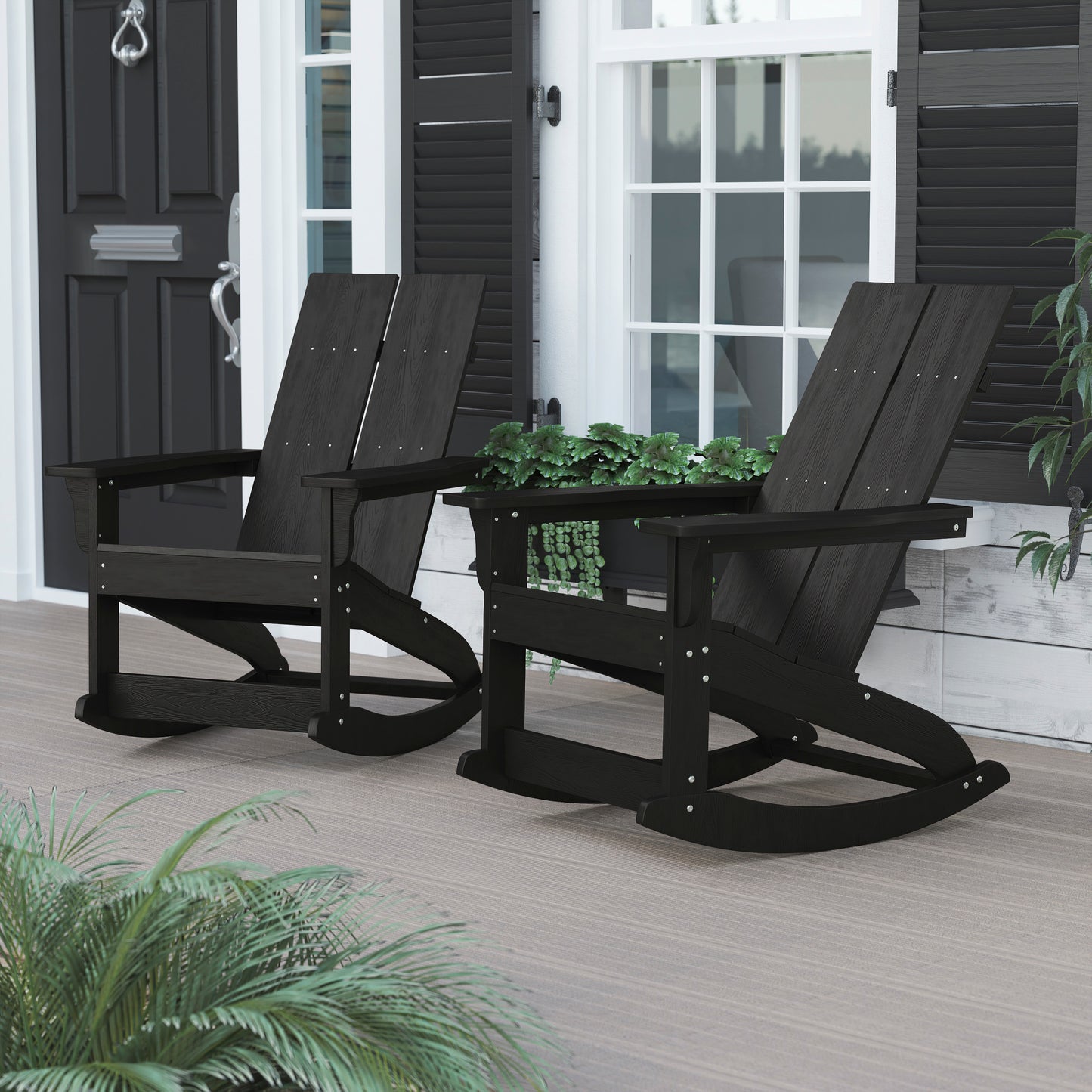 Finn Modern Commercial Grade All-Weather 2-Slat Poly Resin Rocking Adirondack Chair with Rust Resistant Stainless Steel Hardware in Black - Set of2 Black JJ-C14709-BK-2-GG