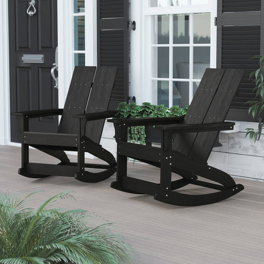 Finn Modern Commercial Grade All-Weather 2-Slat Poly Resin Rocking Adirondack Chair with Rust Resistant Stainless Steel Hardware in Black - Set of2 Black