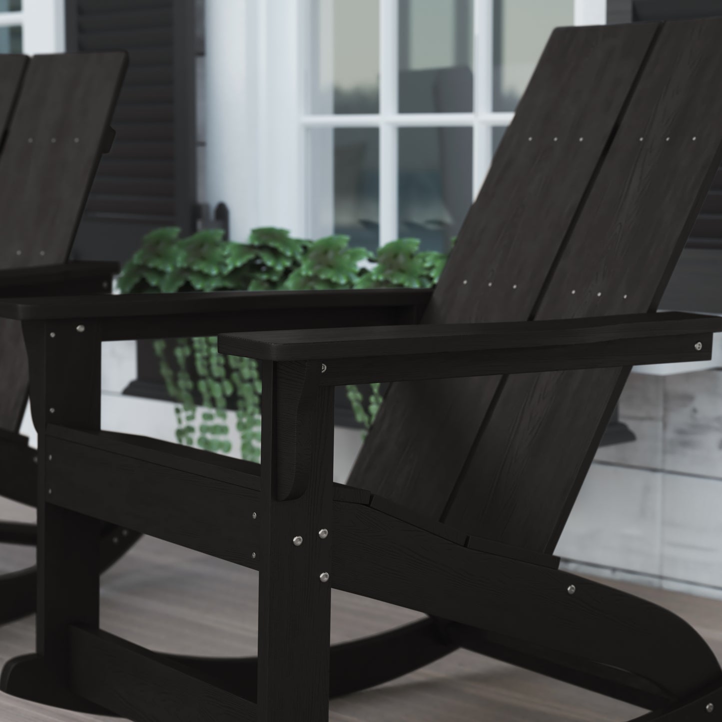 Finn Modern Commercial Grade All-Weather 2-Slat Poly Resin Rocking Adirondack Chair with Rust Resistant Stainless Steel Hardware in Black - Set of2 Black JJ-C14709-BK-2-GG