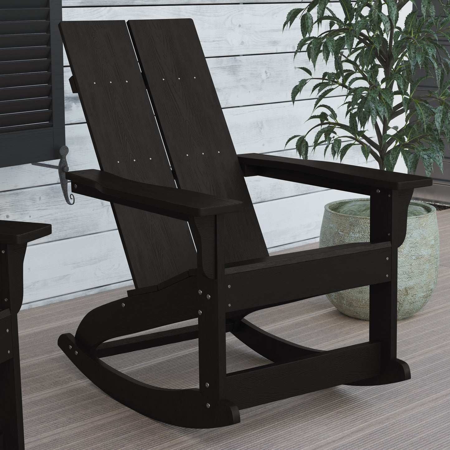 Finn Modern Commercial Grade All-Weather 2-Slat Poly Resin Rocking Adirondack Chair with Rust Resistant Stainless Steel Hardware in Black - Set of2 Black JJ-C14709-BK-2-GG