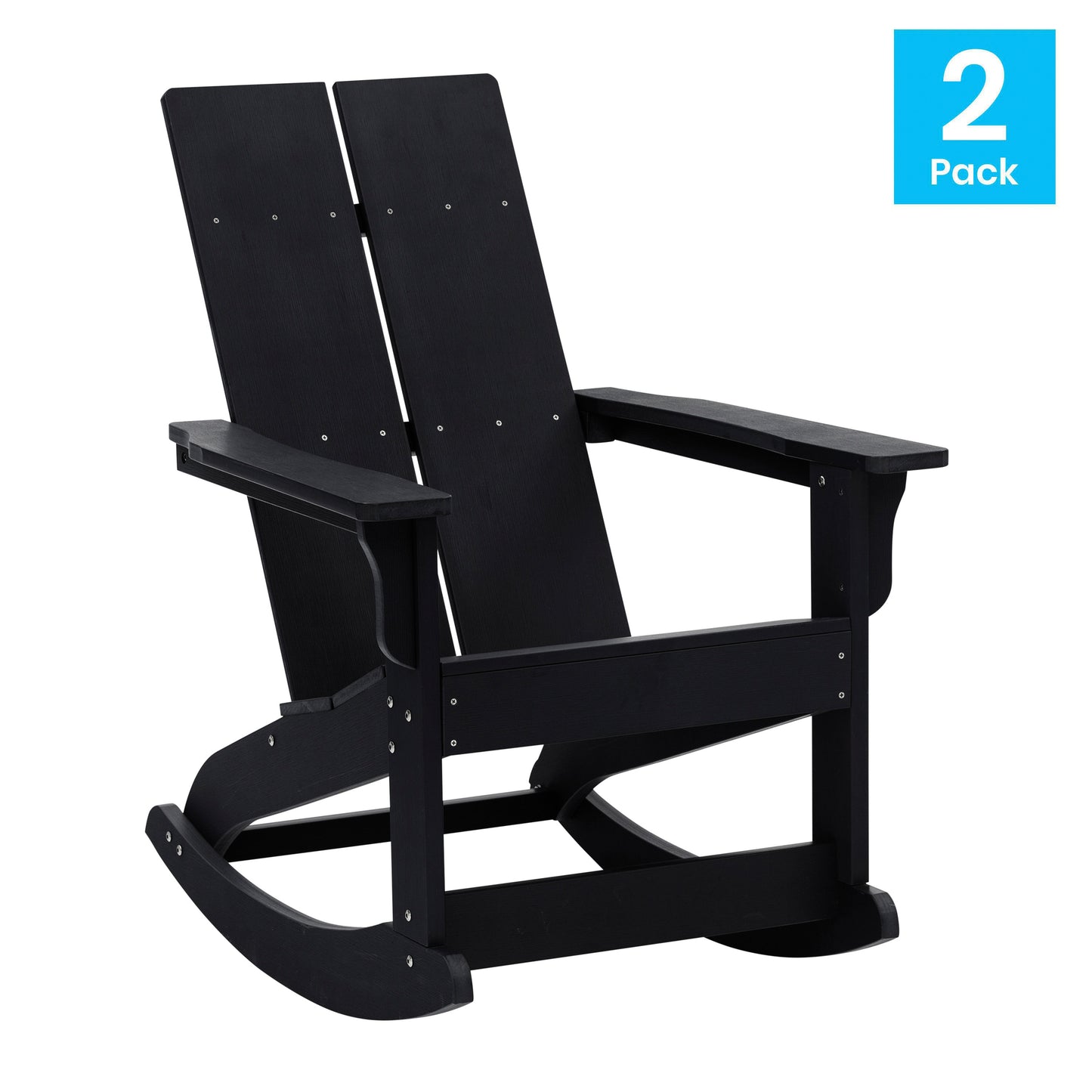 Finn Modern Commercial Grade All-Weather 2-Slat Poly Resin Rocking Adirondack Chair with Rust Resistant Stainless Steel Hardware in Black - Set of2 Black JJ-C14709-BK-2-GG