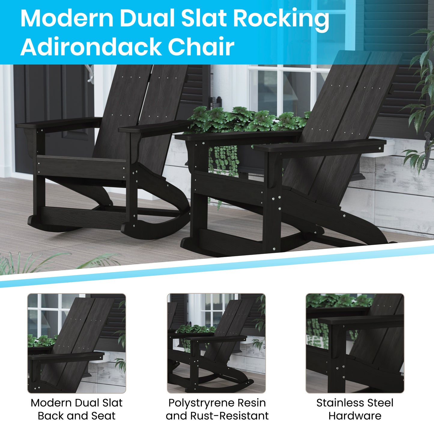 Finn Modern Commercial Grade All-Weather 2-Slat Poly Resin Rocking Adirondack Chair with Rust Resistant Stainless Steel Hardware in Black - Set of2 Black JJ-C14709-BK-2-GG