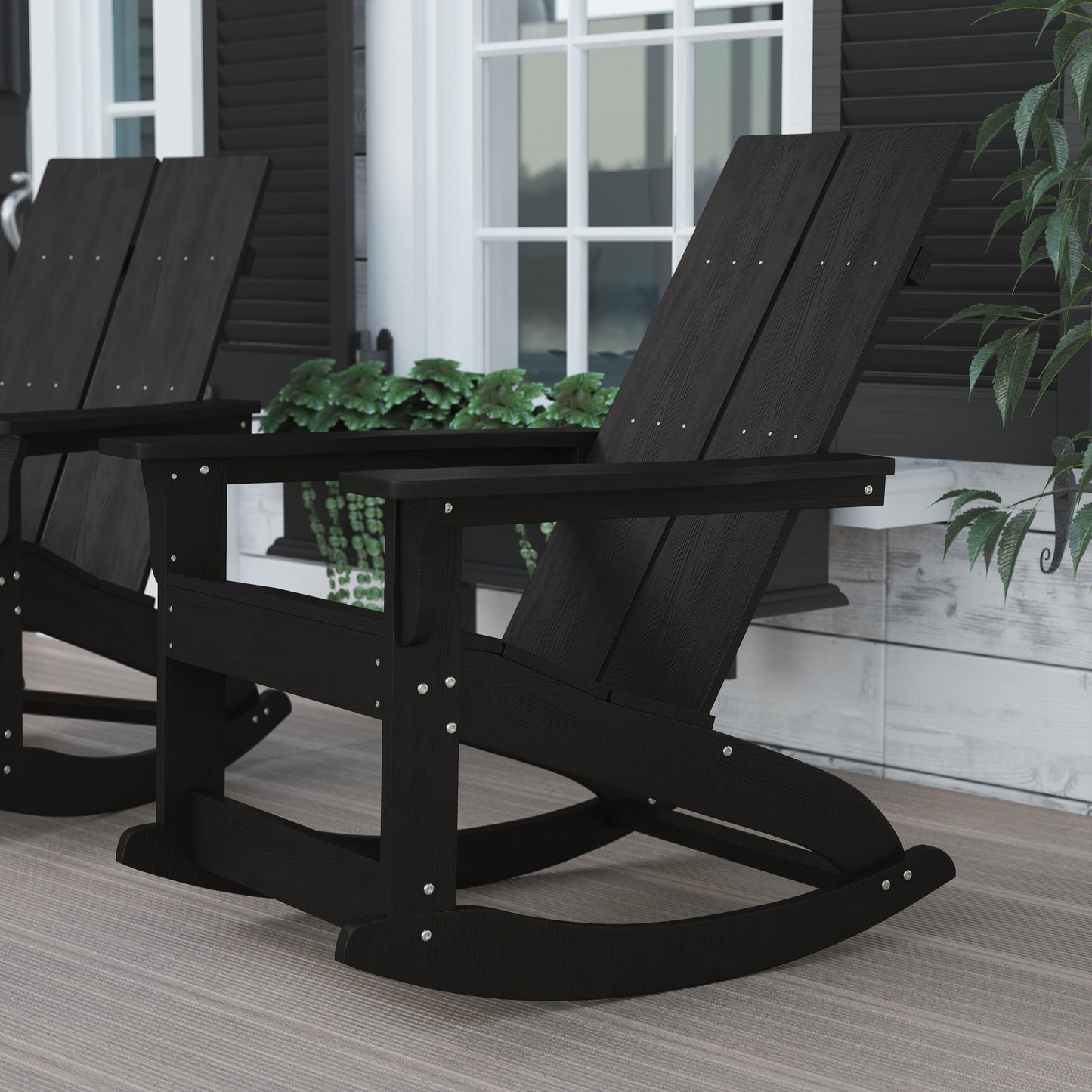 Finn Modern Commercial Grade All-Weather 2-Slat Poly Resin Wood Rocking Adirondack Chair with Rust Resistant Stainless Steel Hardware in Black Black