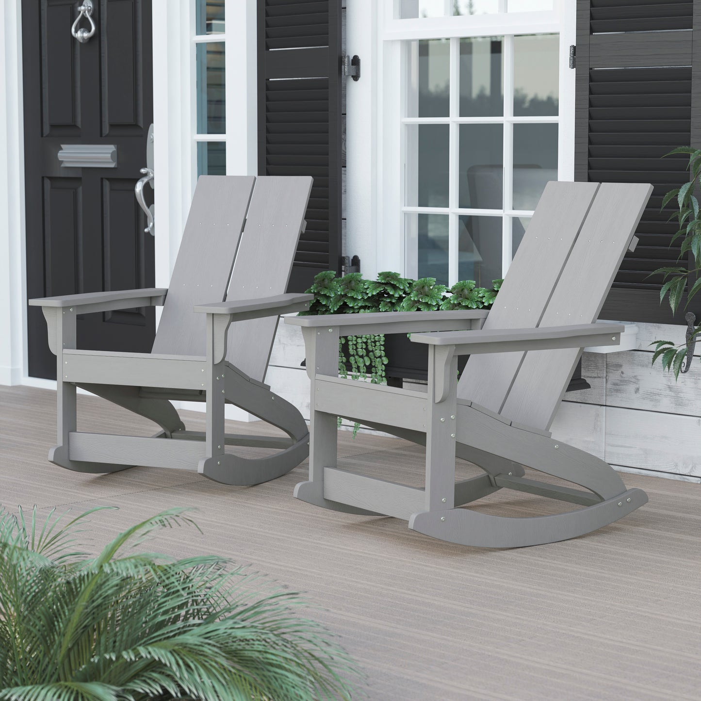 Finn Modern Commercial Grade All-Weather 2-Slat Poly Resin Rocking Adirondack Chair with Rust Resistant Stainless Steel Hardware in Gray - Set of2 Gray