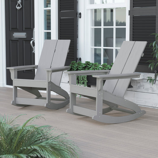 Finn Modern Commercial Grade All-Weather 2-Slat Poly Resin Rocking Adirondack Chair with Rust Resistant Stainless Steel Hardware in Gray - Set of2 Gray