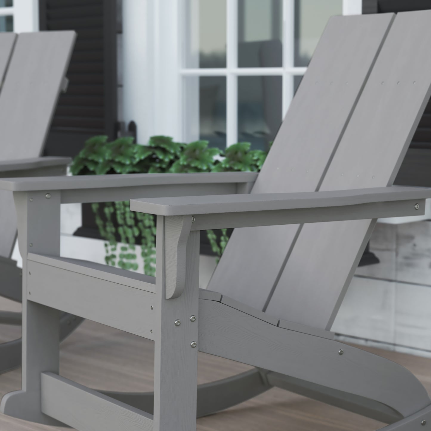 Finn Modern Commercial Grade All-Weather 2-Slat Poly Resin Rocking Adirondack Chair with Rust Resistant Stainless Steel Hardware in Gray - Set of2 Gray