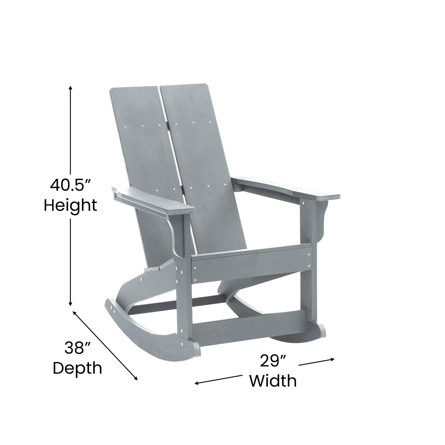 Finn Modern Commercial Grade All-Weather 2-Slat Poly Resin Wood Rocking Adirondack Chair with Rust Resistant Stainless Steel Hardware in Gray Gray