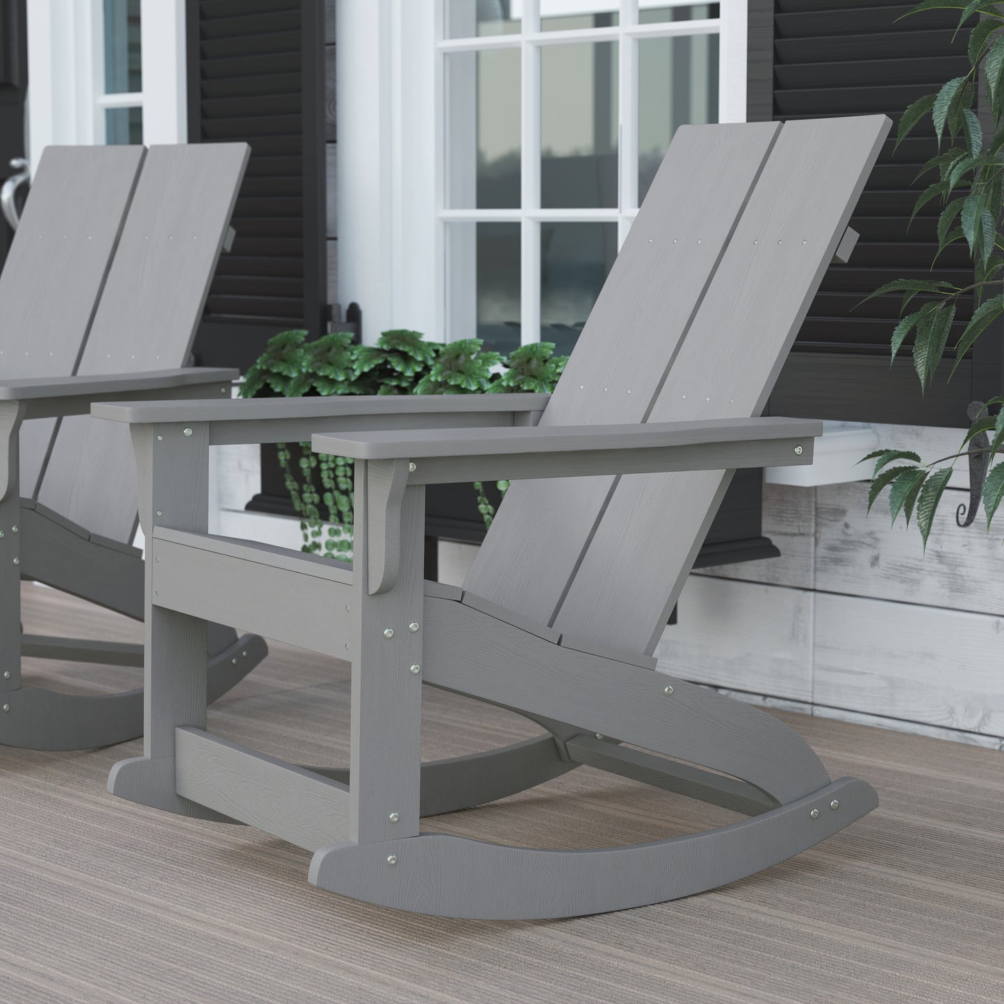 Finn Modern Commercial Grade All-Weather 2-Slat Poly Resin Wood Rocking Adirondack Chair with Rust Resistant Stainless Steel Hardware in Gray Gray