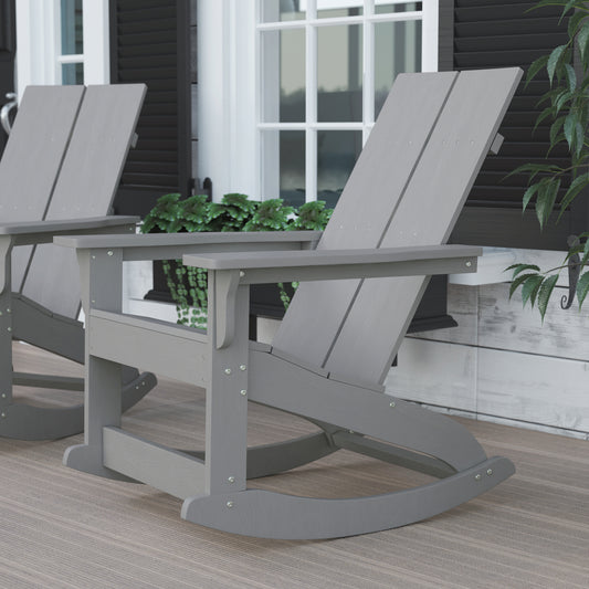 Finn Modern Commercial Grade All-Weather 2-Slat Poly Resin Wood Rocking Adirondack Chair with Rust Resistant Stainless Steel Hardware in Gray Gray