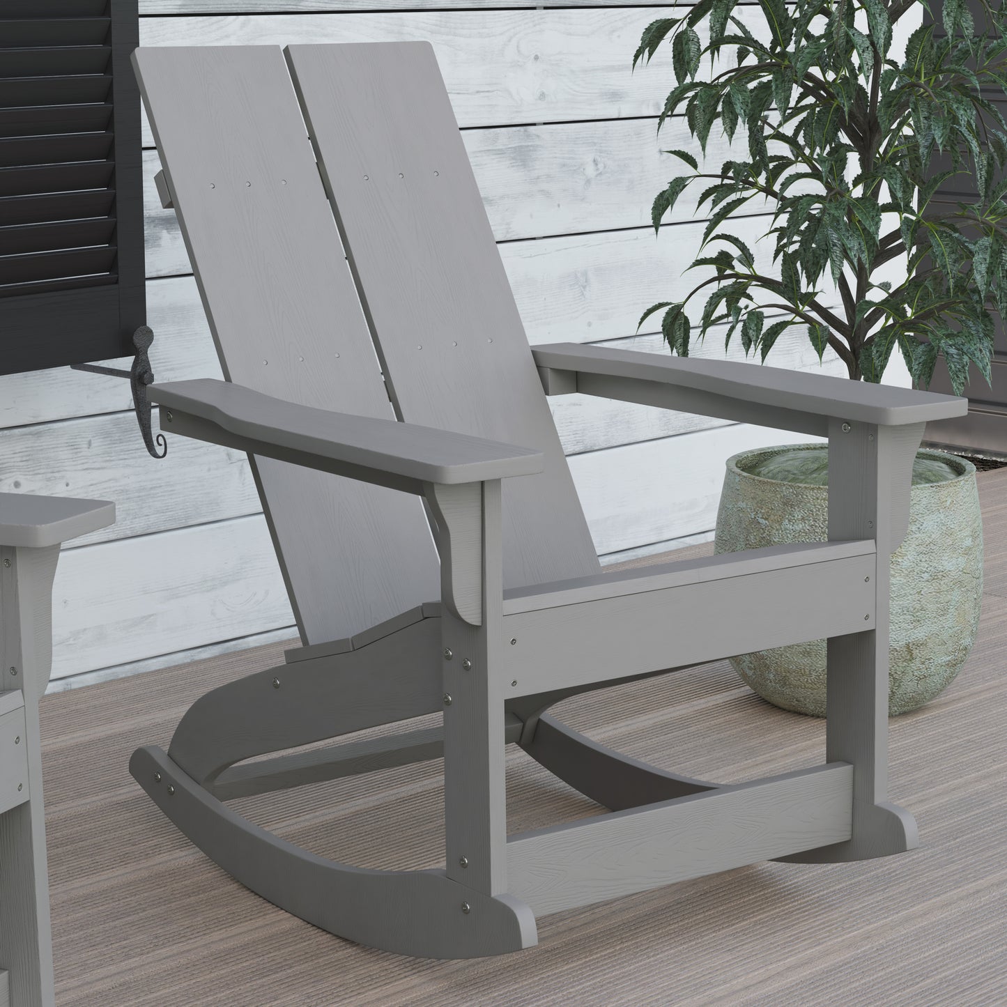 Finn Modern Commercial Grade All-Weather 2-Slat Poly Resin Wood Rocking Adirondack Chair with Rust Resistant Stainless Steel Hardware in Gray Gray