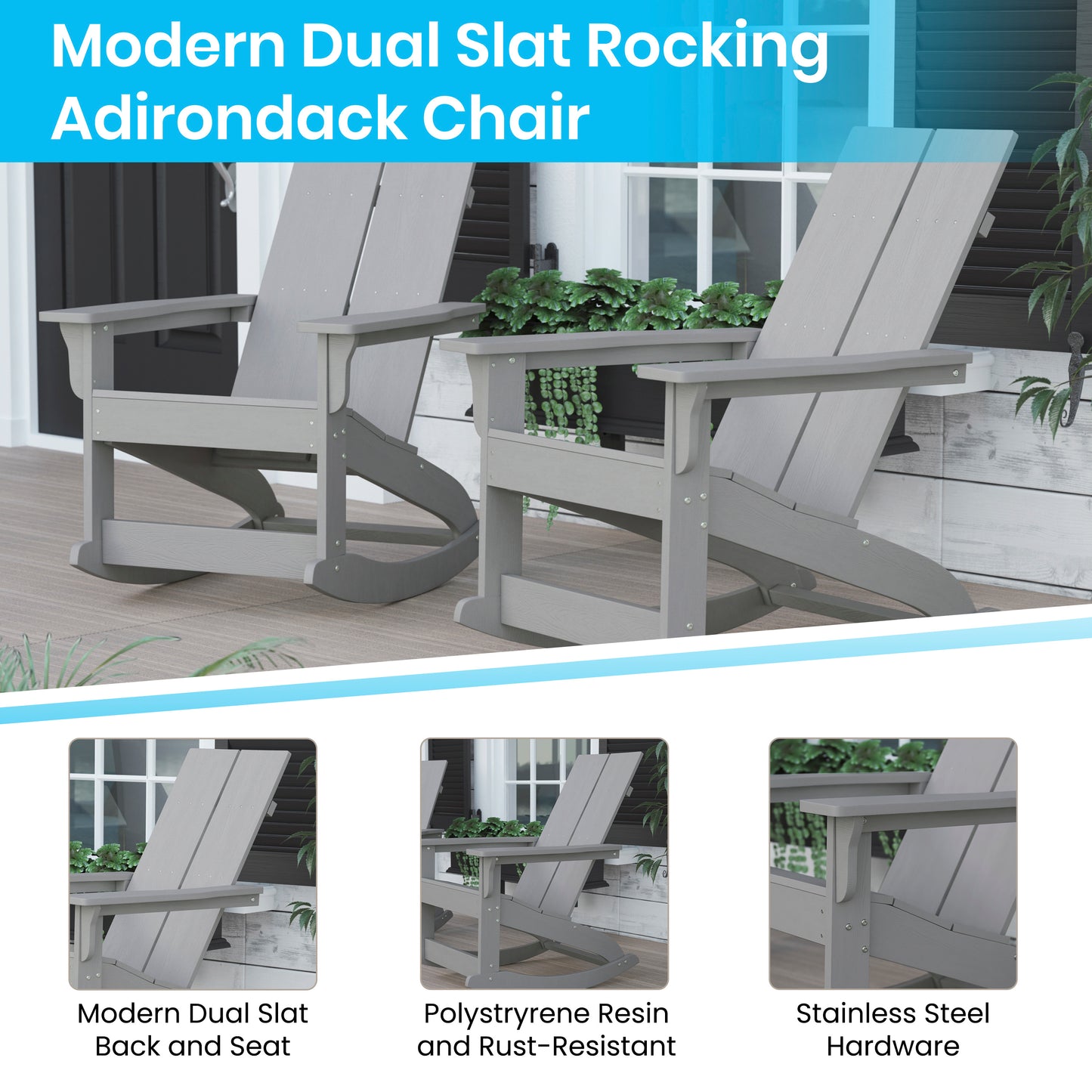 Finn Modern Commercial Grade All-Weather 2-Slat Poly Resin Wood Rocking Adirondack Chair with Rust Resistant Stainless Steel Hardware in Gray Gray