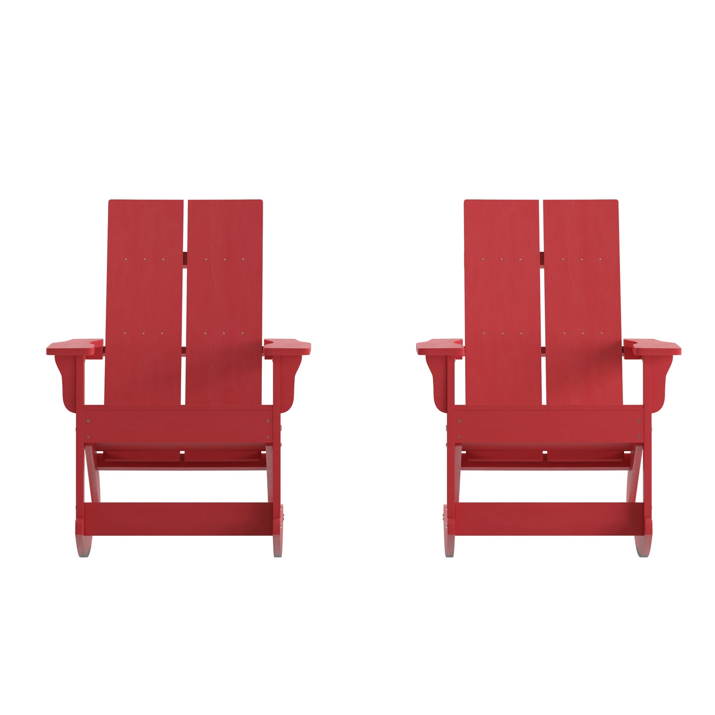 Finn Modern Commercial Poly Resin Wood Adirondack Rocking Chair - All Weather Red Polystyrene - Dual Slat Back - Stainless Steel Hardware - Set of 2 Red