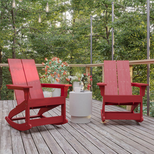 Finn Modern Commercial Poly Resin Wood Adirondack Rocking Chair - All Weather Red Polystyrene - Dual Slat Back - Stainless Steel Hardware - Set of 2 Red