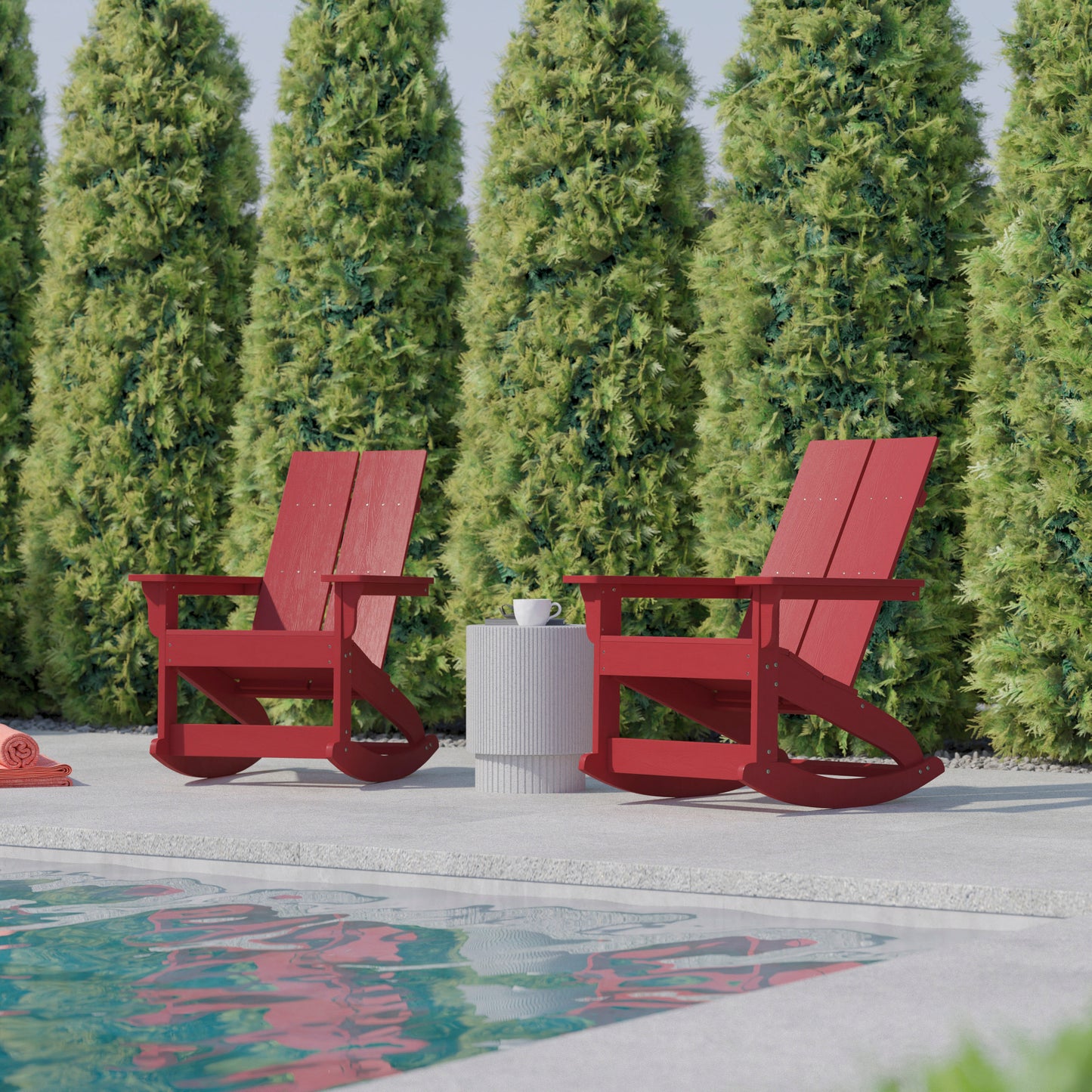 Finn Modern Commercial Poly Resin Wood Adirondack Rocking Chair - All Weather Red Polystyrene - Dual Slat Back - Stainless Steel Hardware - Set of 2 Red
