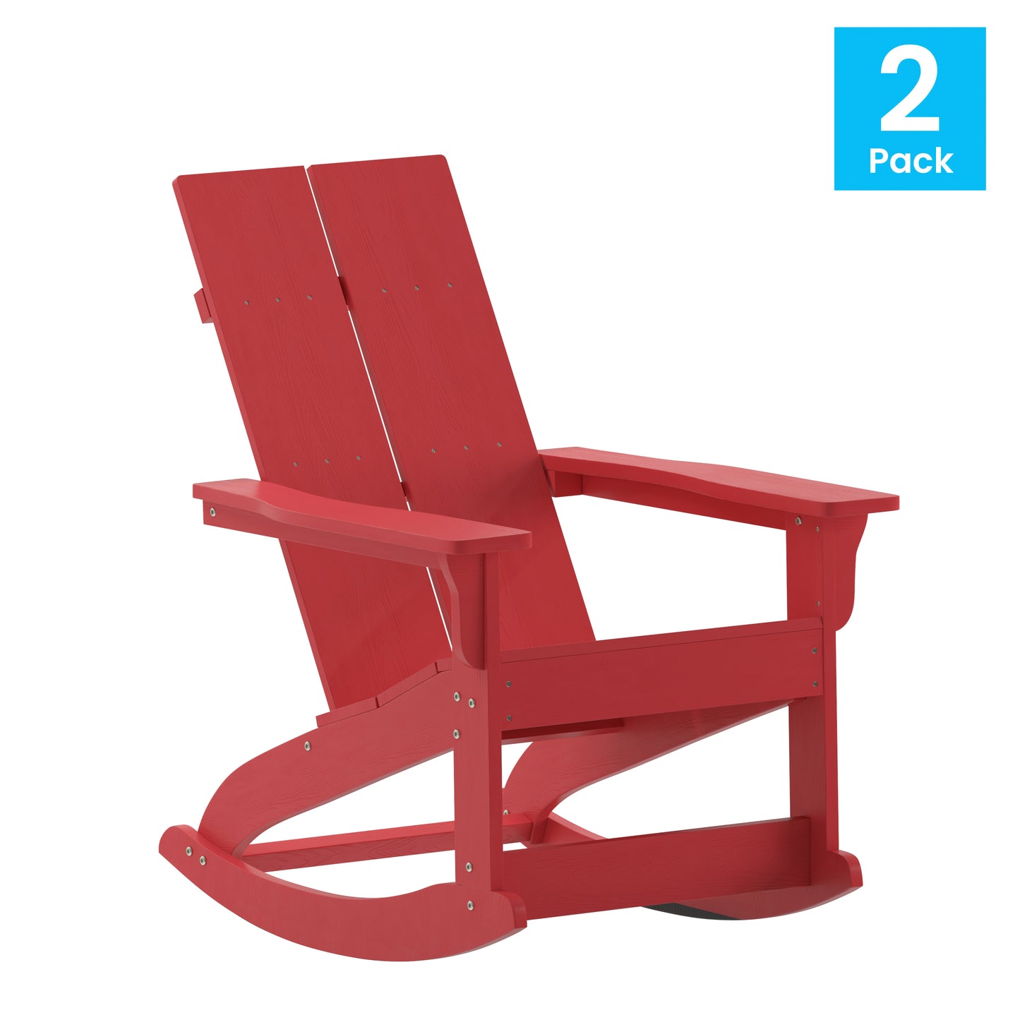 Finn Modern Commercial Poly Resin Wood Adirondack Rocking Chair - All Weather Red Polystyrene - Dual Slat Back - Stainless Steel Hardware - Set of 2 Red