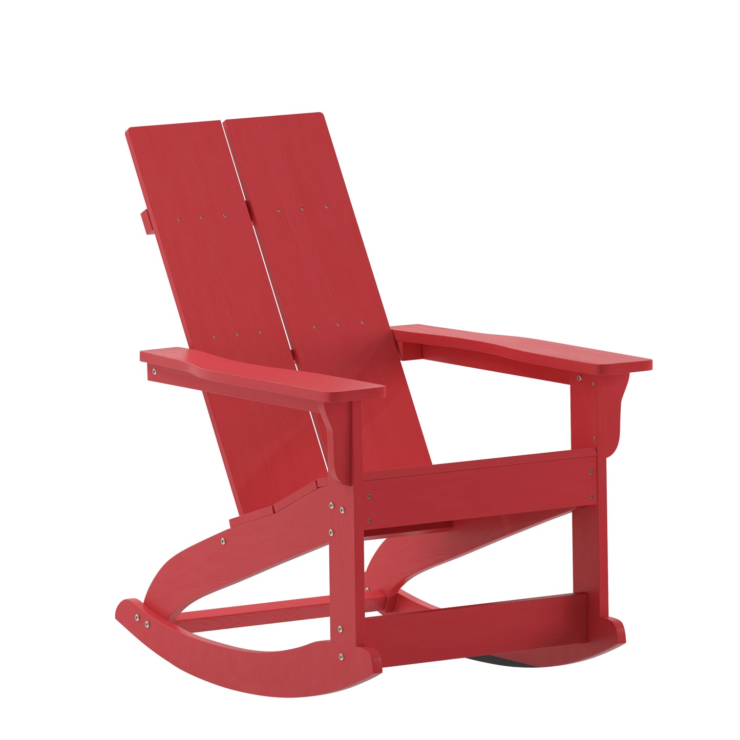 Finn Modern Commercial Grade Poly Resin Wood Adirondack Rocking Chair - All Weather Red Polystyrene - Dual Slat Back - Stainless Steel Hardware Red JJ-C14709-RED-GG