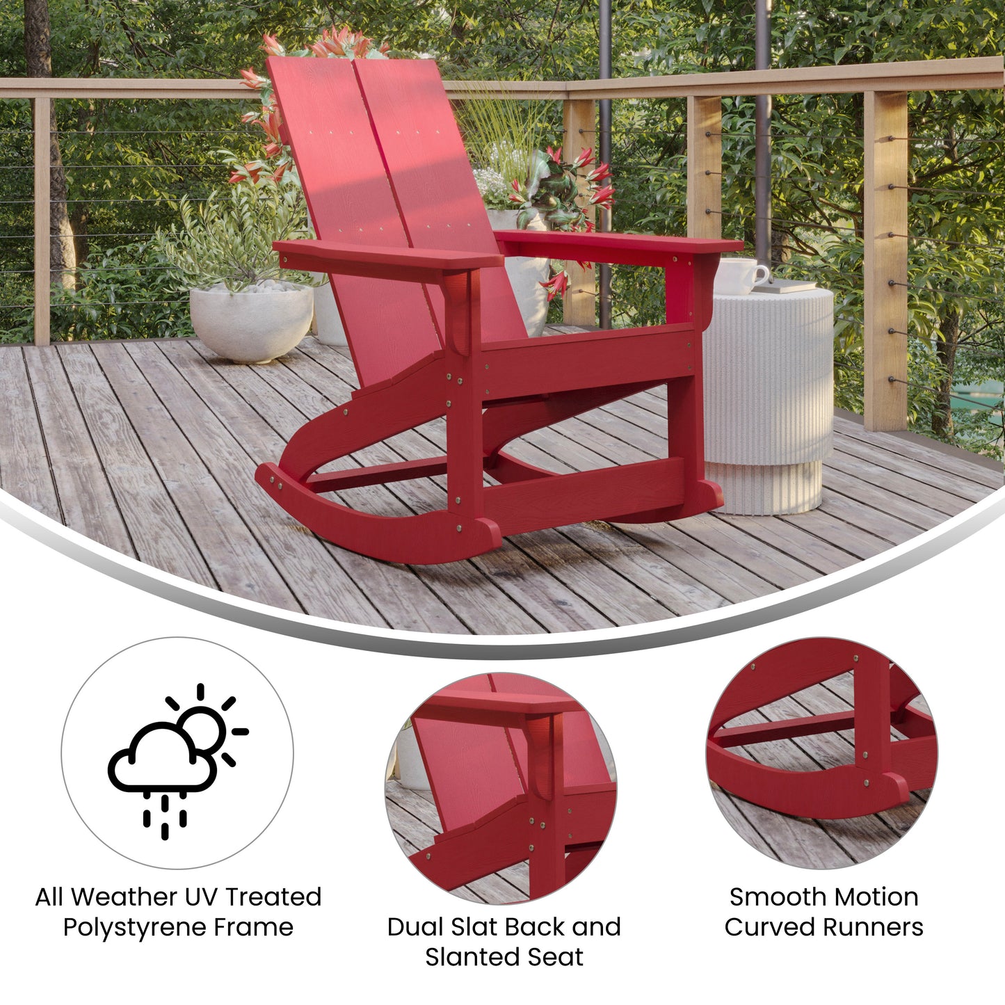 Finn Modern Commercial Grade Poly Resin Wood Adirondack Rocking Chair - All Weather Red Polystyrene - Dual Slat Back - Stainless Steel Hardware Red JJ-C14709-RED-GG