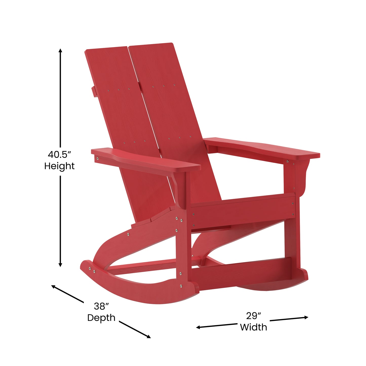 Finn Modern Commercial Grade Poly Resin Wood Adirondack Rocking Chair - All Weather Red Polystyrene - Dual Slat Back - Stainless Steel Hardware Red JJ-C14709-RED-GG