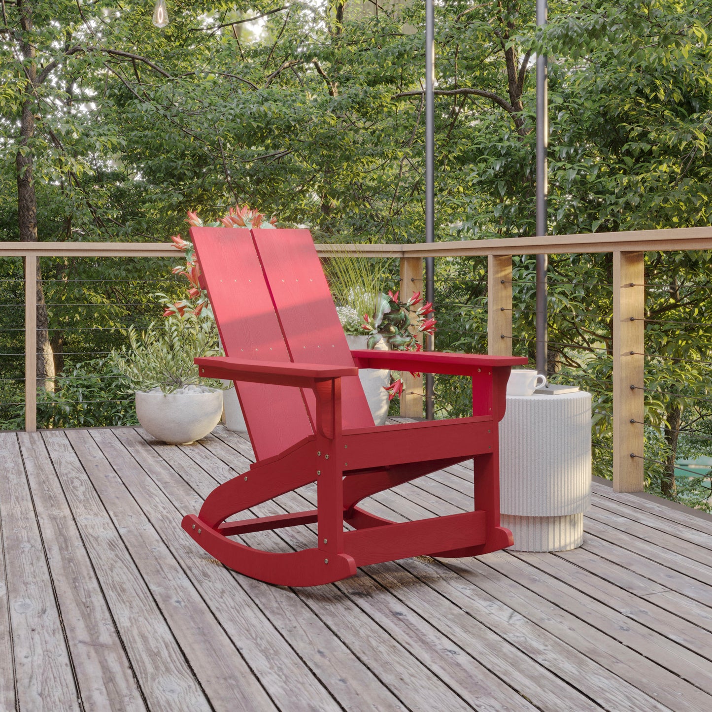 Finn Modern Commercial Grade Poly Resin Wood Adirondack Rocking Chair - All Weather Red Polystyrene - Dual Slat Back - Stainless Steel Hardware Red JJ-C14709-RED-GG
