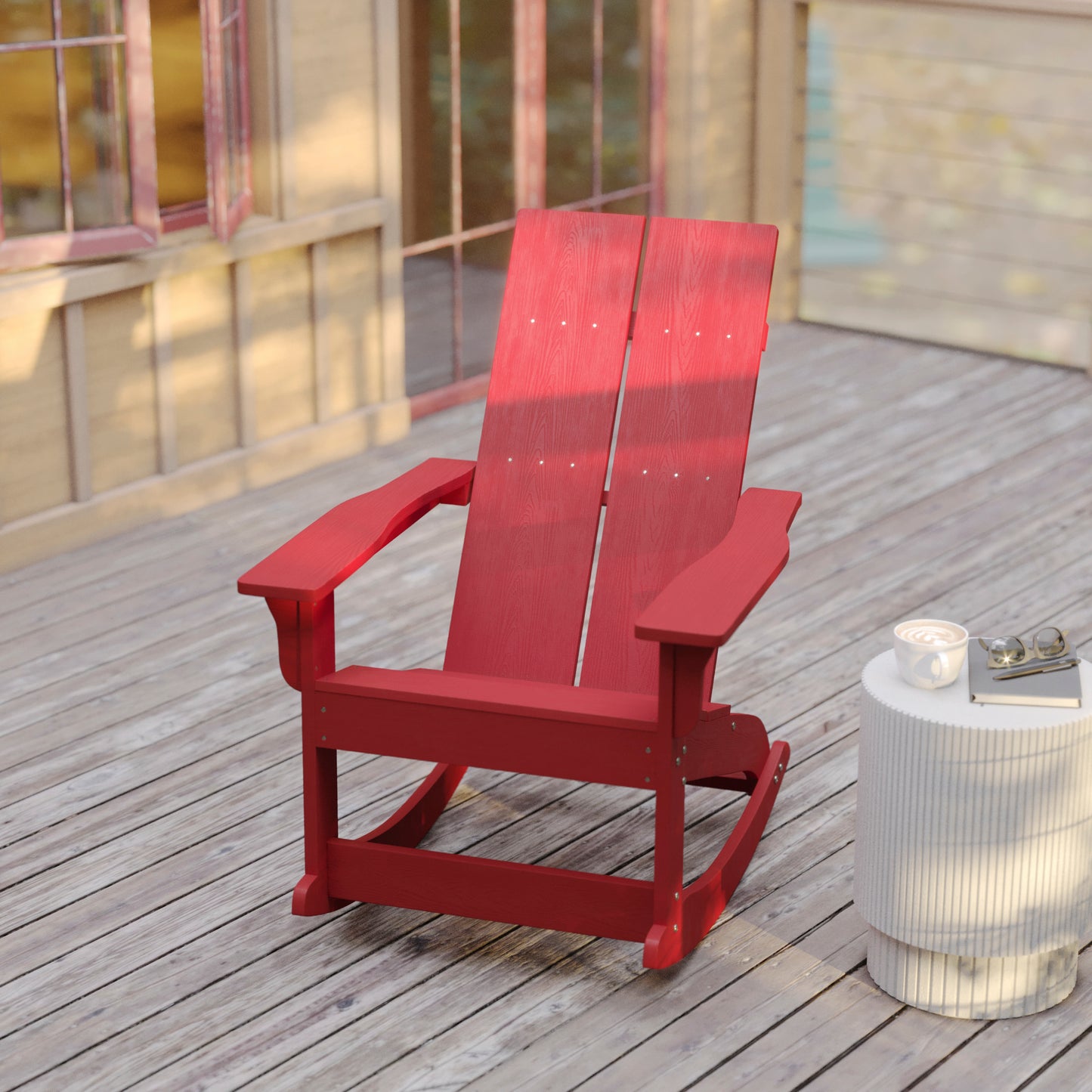 Finn Modern Commercial Grade Poly Resin Wood Adirondack Rocking Chair - All Weather Red Polystyrene - Dual Slat Back - Stainless Steel Hardware Red JJ-C14709-RED-GG