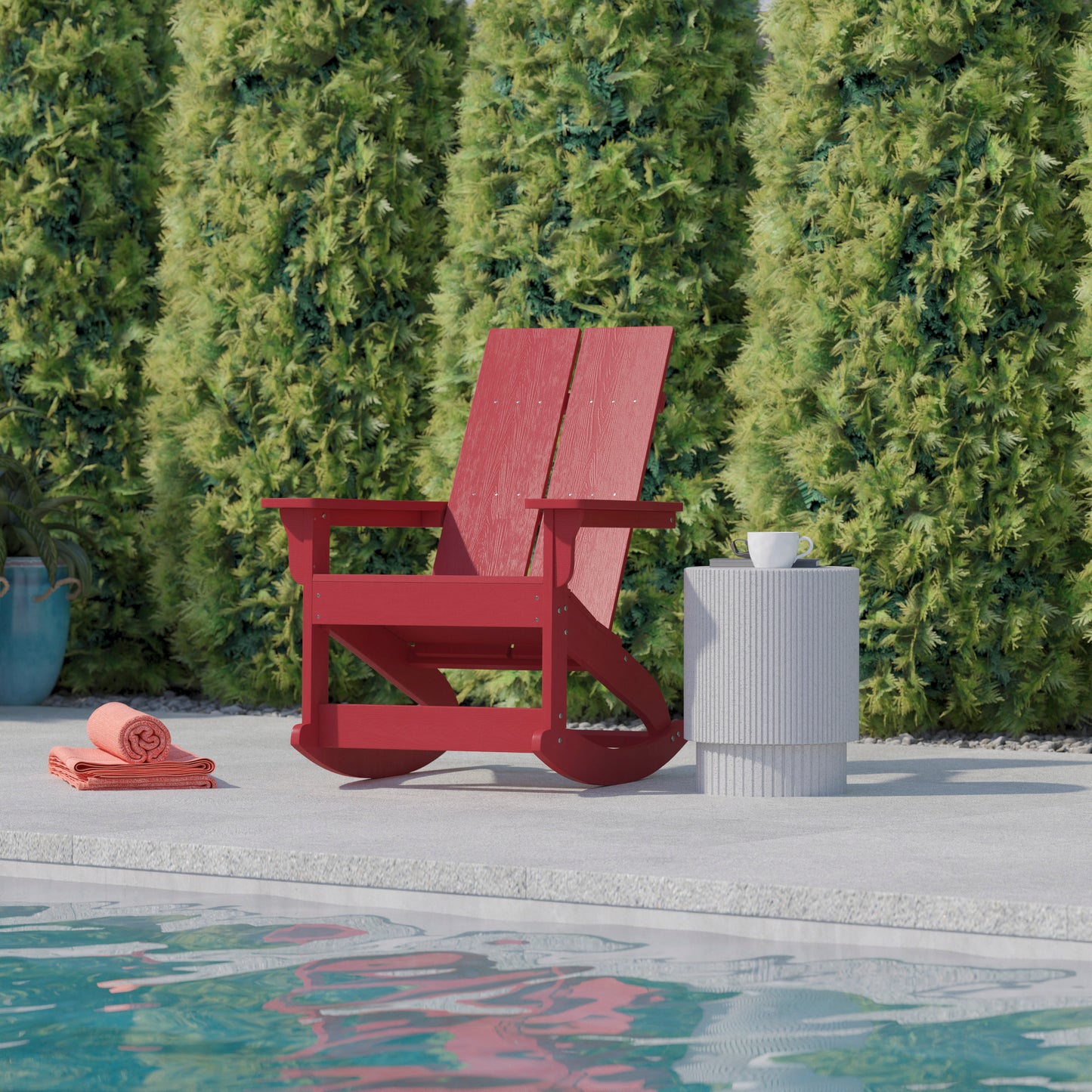 Finn Modern Commercial Grade Poly Resin Wood Adirondack Rocking Chair - All Weather Red Polystyrene - Dual Slat Back - Stainless Steel Hardware Red JJ-C14709-RED-GG