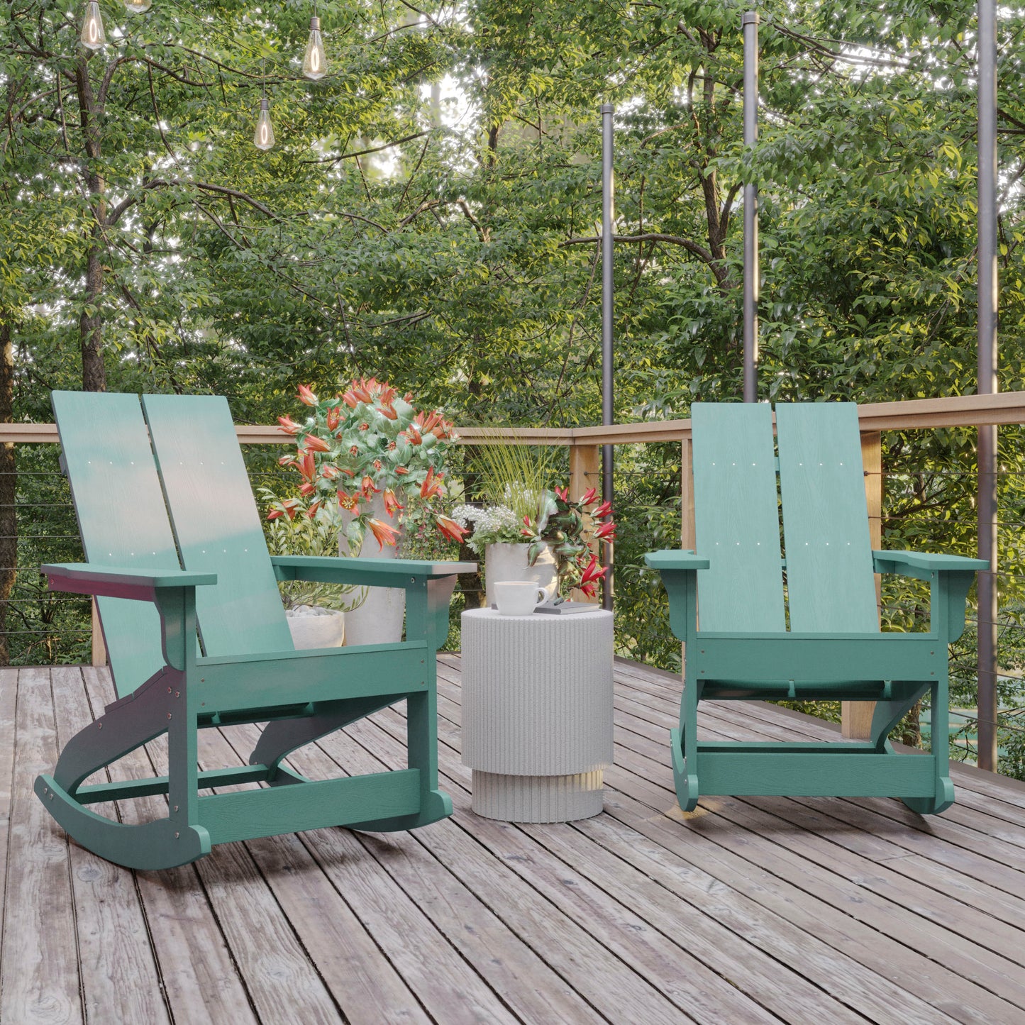 Finn Modern Commercial Poly Resin Wood Adirondack Rocking Chair - All Weather Sea Foam Polystyrene - Dual Slat Back - Stainless Steel Hardware - Set of 2 Sea Foam