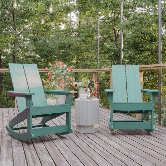 Finn Modern Commercial Poly Resin Wood Adirondack Rocking Chair - All Weather Sea Foam Polystyrene - Dual Slat Back - Stainless Steel Hardware - Set of 2 Sea Foam
