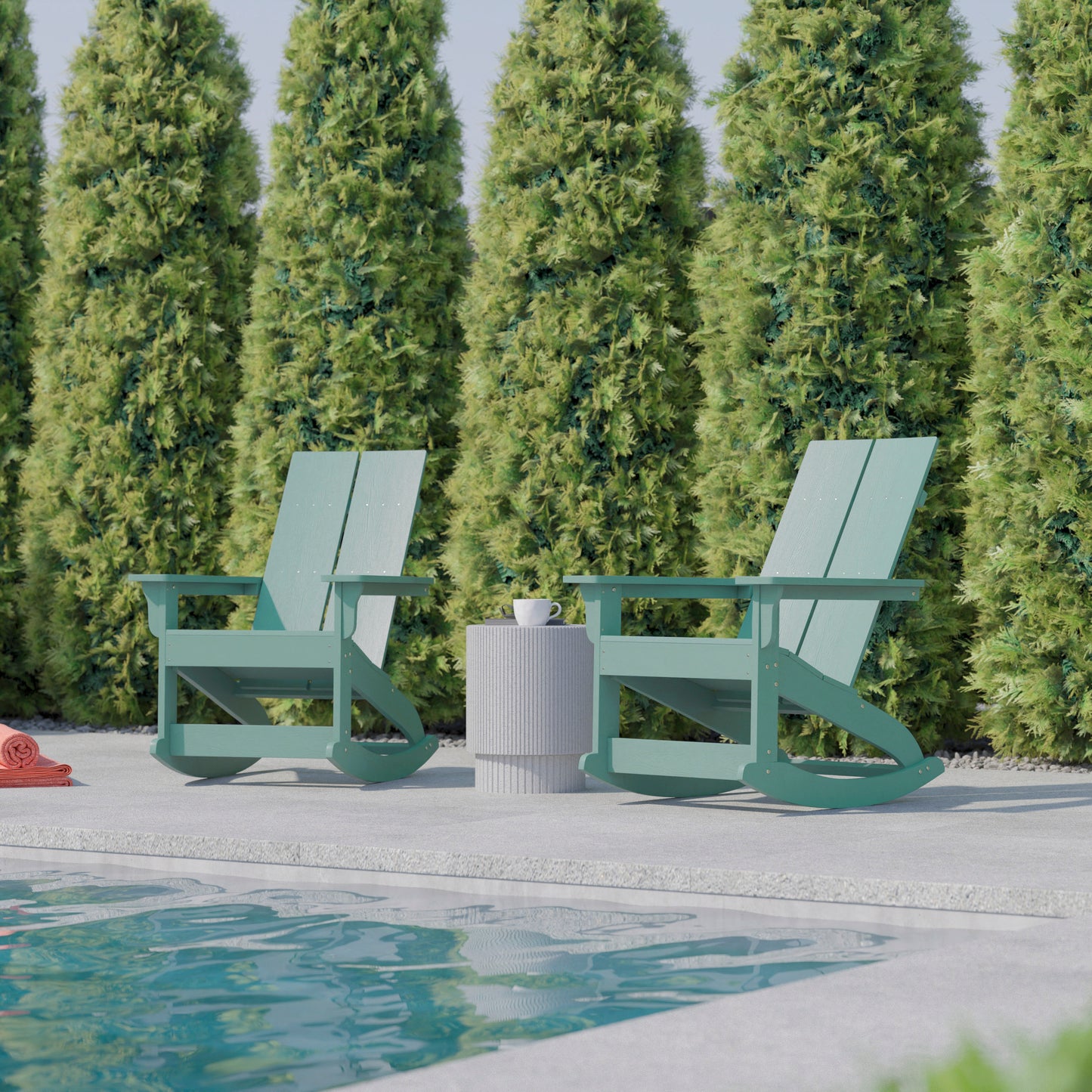 Finn Modern Commercial Poly Resin Wood Adirondack Rocking Chair - All Weather Sea Foam Polystyrene - Dual Slat Back - Stainless Steel Hardware - Set of 2 Sea Foam