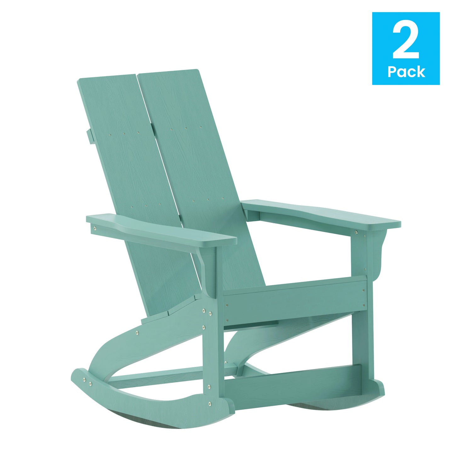 Finn Modern Commercial Poly Resin Wood Adirondack Rocking Chair - All Weather Sea Foam Polystyrene - Dual Slat Back - Stainless Steel Hardware - Set of 2 Sea Foam