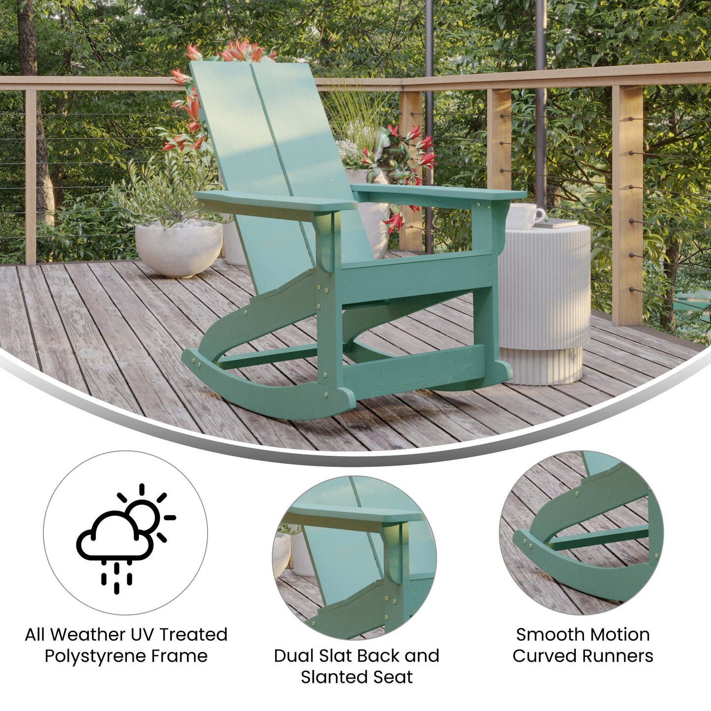 Finn Modern Commercial Grade Poly Resin Wood Adirondack Rocking Chair - All Weather Sea Foam Polystyrene - Dual Slat Back - Stainless Steel Hardware Sea Foam JJ-C14709-SFM-GG