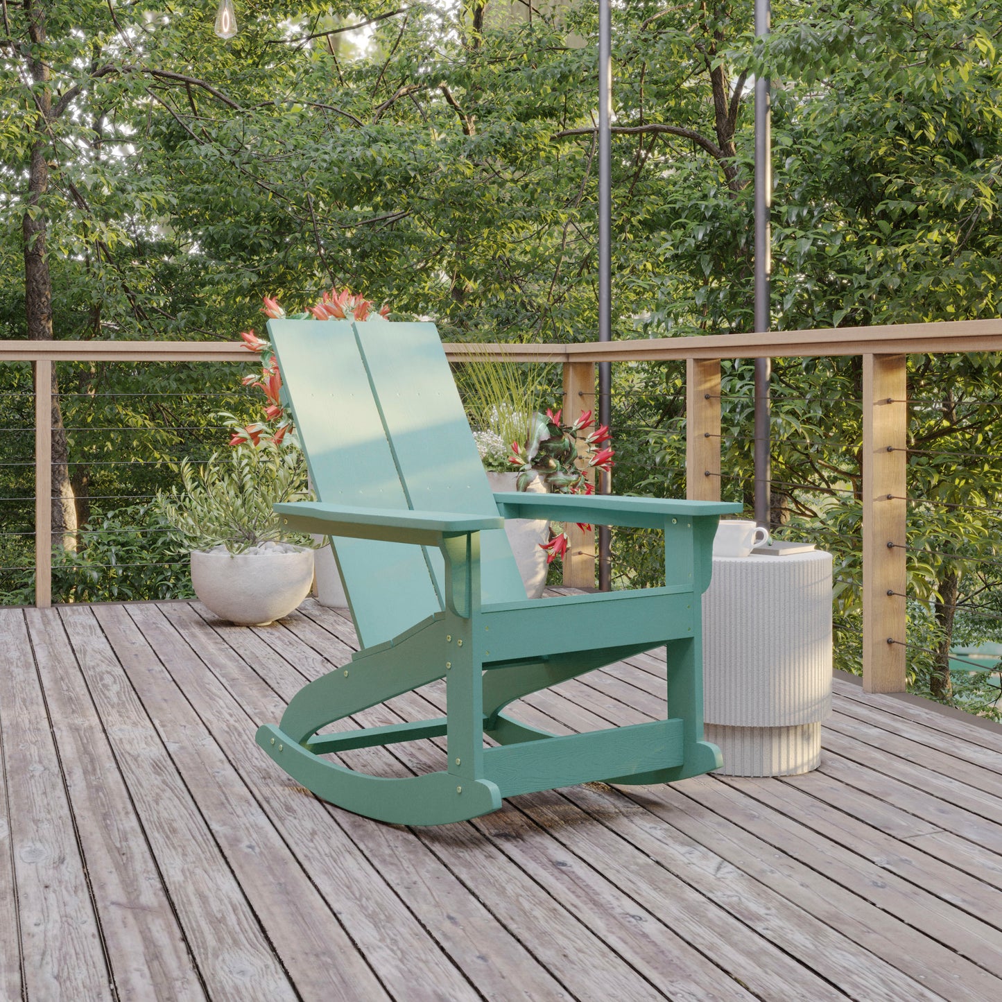 Finn Modern Commercial Grade Poly Resin Wood Adirondack Rocking Chair - All Weather Sea Foam Polystyrene - Dual Slat Back - Stainless Steel Hardware Sea Foam JJ-C14709-SFM-GG
