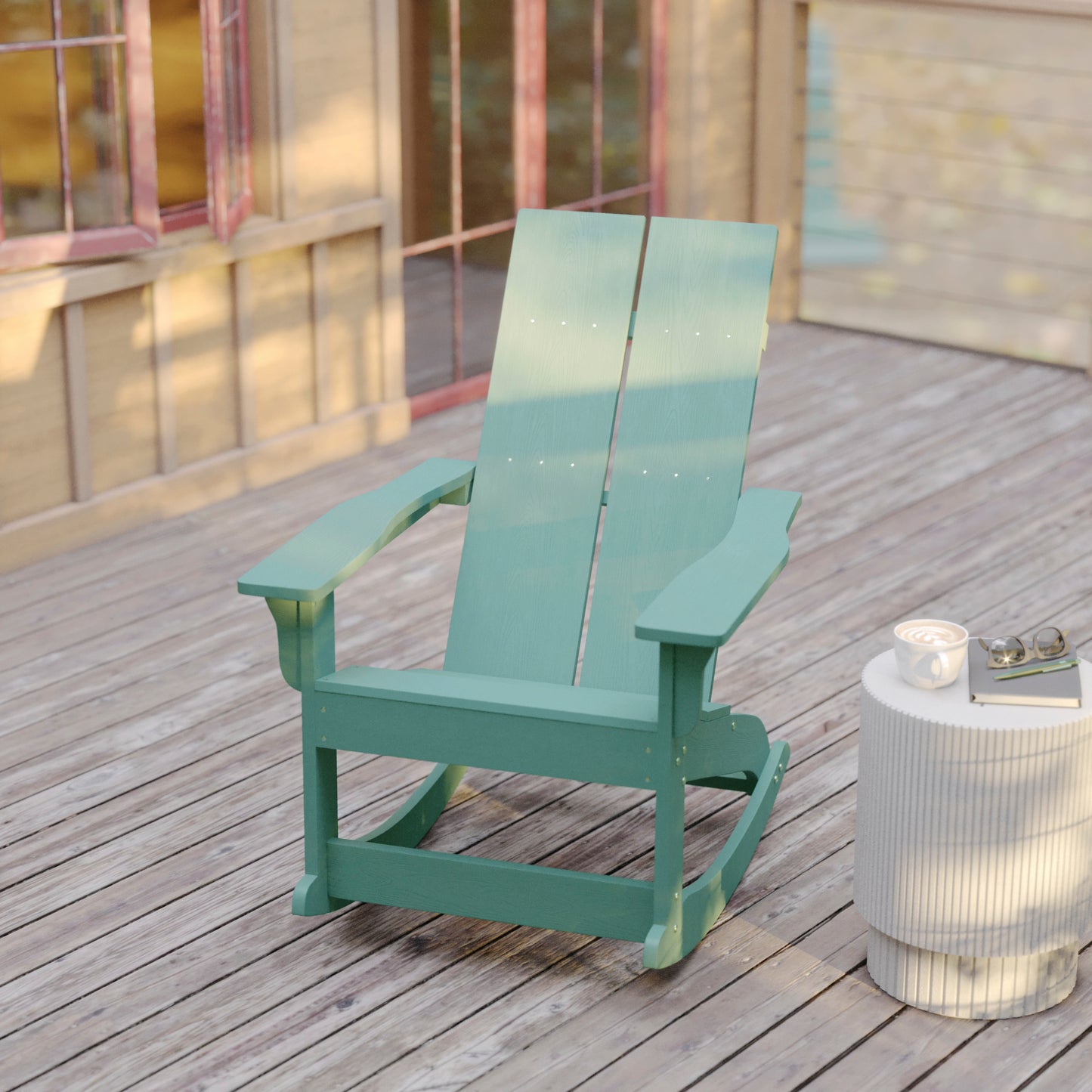 Finn Modern Commercial Grade Poly Resin Wood Adirondack Rocking Chair - All Weather Sea Foam Polystyrene - Dual Slat Back - Stainless Steel Hardware Sea Foam JJ-C14709-SFM-GG