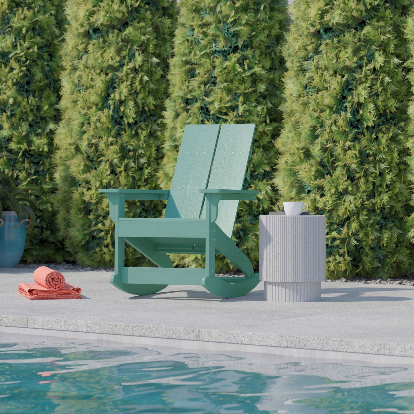 Finn Modern Commercial Grade Poly Resin Wood Adirondack Rocking Chair - All Weather Sea Foam Polystyrene - Dual Slat Back - Stainless Steel Hardware Sea Foam JJ-C14709-SFM-GG