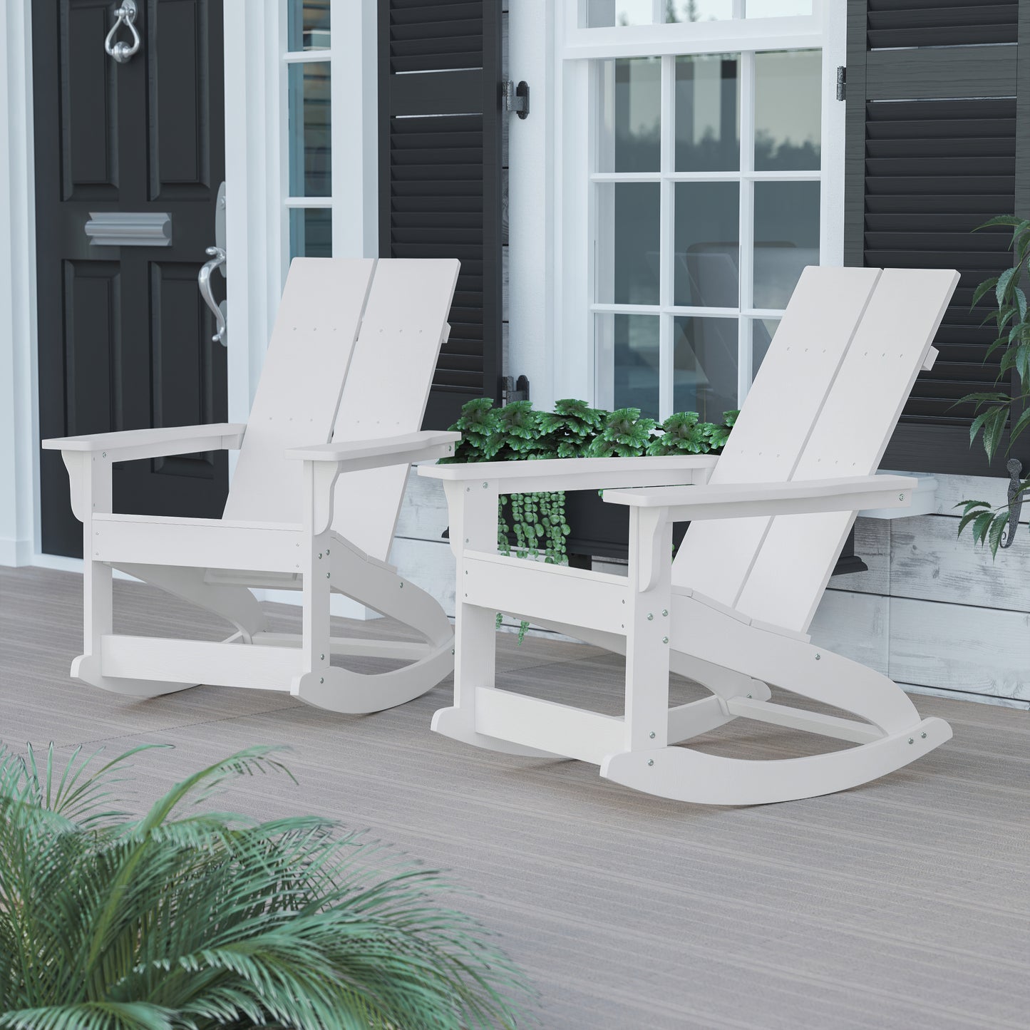 Finn Modern Commercial Grade All-Weather 2-Slat Poly Resin Rocking Adirondack Chair with Rust Resistant Stainless Steel Hardware in White - Set of2 White