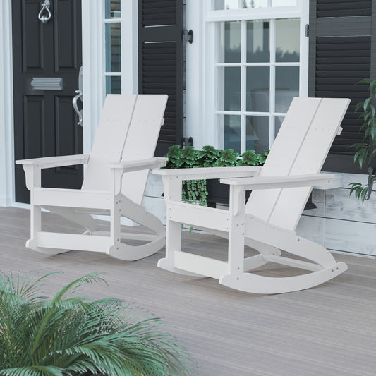 Finn Modern Commercial Grade All-Weather 2-Slat Poly Resin Rocking Adirondack Chair with Rust Resistant Stainless Steel Hardware in White - Set of2 White