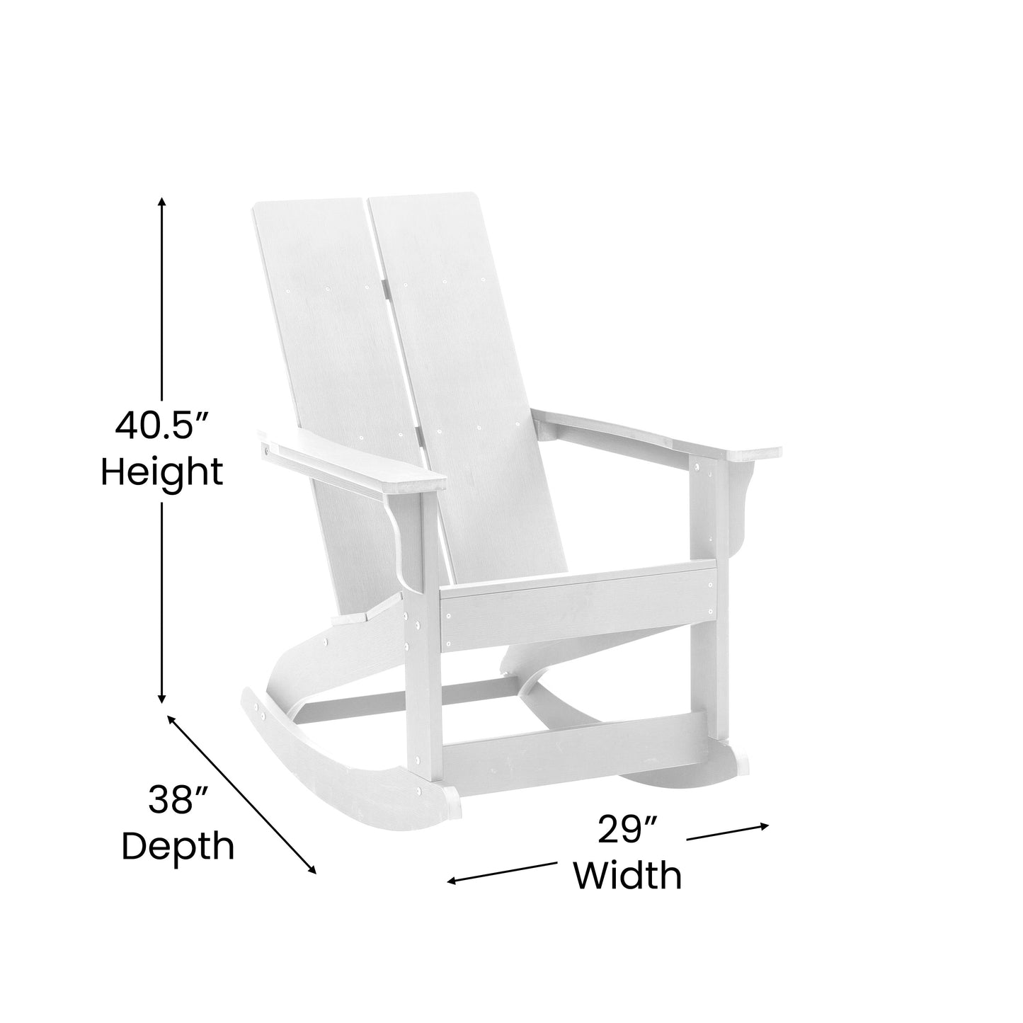 Finn Modern Commercial Grade All-Weather 2-Slat Poly Resin Wood Rocking Adirondack Chair with Rust Resistant Stainless Steel Hardware in White White JJ-C14709-WH-GG