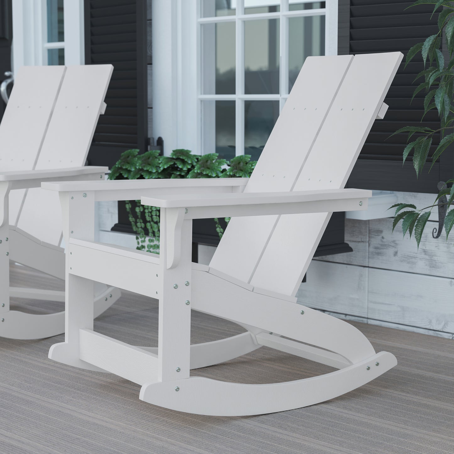 Finn Modern Commercial Grade All-Weather 2-Slat Poly Resin Wood Rocking Adirondack Chair with Rust Resistant Stainless Steel Hardware in White White JJ-C14709-WH-GG